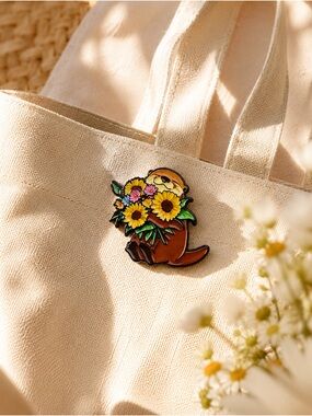 Otter Holding Sunflower Bouquet Enamel Brooch Pin